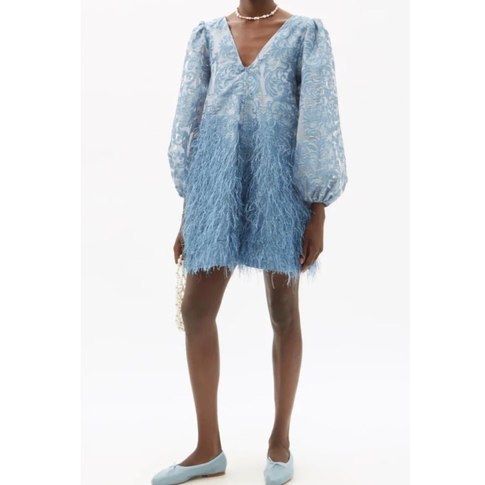 Ganni Feather-trim Brocade Mini Dress Mid Blue Size 34 XS